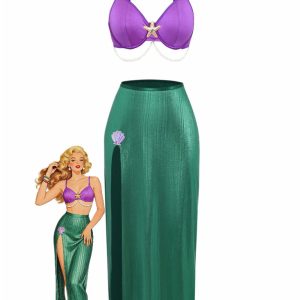 3PCS Purple 1970s Sea Pearl Satin Mermaid Sleepwear Set