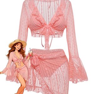 4PCS 1970s Halter Bikini Set & Sheer Bell Sleeve Cover-Up