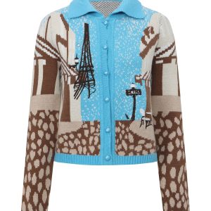 Blue 1970s Landscape Print Lapel Knit Cardigan Sweater