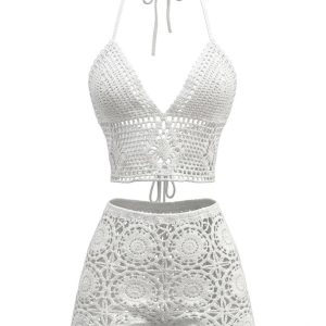 1970s Boho Crochet Halter Tie Shorts Cover-Up Set