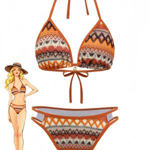 1970s Boho Geometric Knit Halter Bikini Set