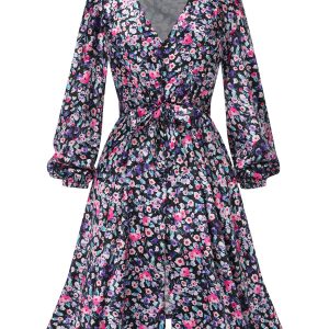 1970s Boho Style Button Satin Puff Dress