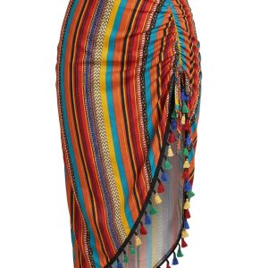 Rainbow 1970s Boho Striped Tassel Ruched Mesh Cover Up Skirt