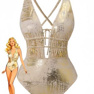 1970s Deep V Halter Distressed Textured One-Piece Swimsuit
