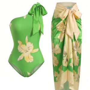 [Pre-Sale] 1970s Floral Maple Leaf One-Shoulder Swimsuit & Cover-Up