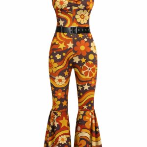 Orange 1970s Floral Print Patchwork Halter Jumpsuit