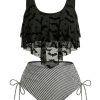 1970s Gothic Mesh Striped Bat Print Tankini Set
