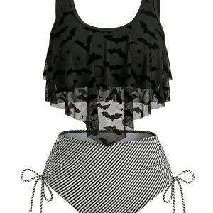 1970s Gothic Mesh Striped Bat Print Tankini Set