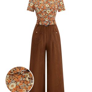 Orange 1970s Daisy Corduroy Patchwork Tie Neck Jumpsuit