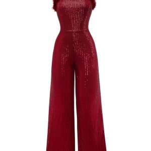 1970s Sequined Fur Trim Patchwork Spaghetti Strap Jumpsuit