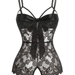 [Pre-Sale] Black 1970s Lace Satin Bow Adjustable Straps Lingerie