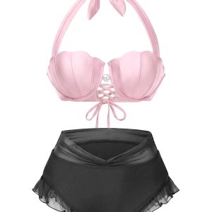 Pink 1970s Mermaid Shell Halter Bikini Set