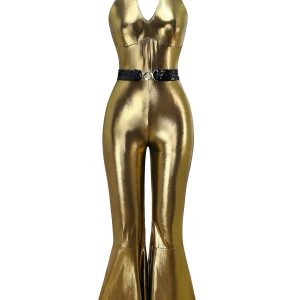 1970s Metallic Disco Halter Belted Jumpsuit