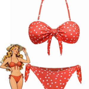 1970s Polka Dot Tie-Front Strapless Bikini Set
