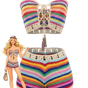 1970s Rainbow Striped Crochet Bandeau Bikini Set
