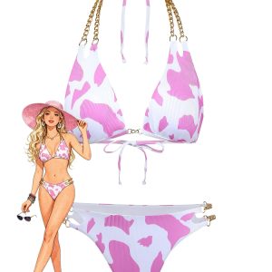 1970s Ribbed Cow Print Chain Halter Bikini Set