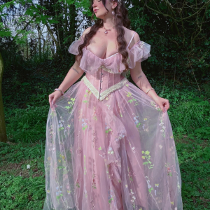 1970s Slip Floral Embroidered Mesh Slit Dress