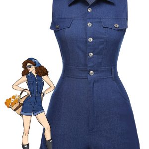 [Pre-Sale] Blue 1970s Solid Cotton Sleeveless Denim Romper
