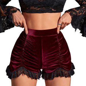 Red 1970s Solid Velvet Lace Pleated Shorts