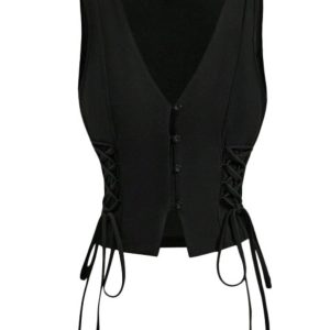 1970s Solid Waist-Tie V-Neck Vest