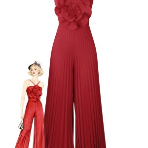 1970s Spaghetti Strap 3D Rose Solid Jumpsuit