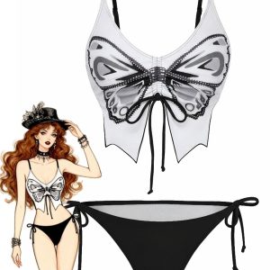 1970s Spaghetti Strap Butterfly Lace-Up Bikini Set