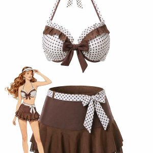 3PCS Brown 1970s Polka Dot Ruffle Halter Swimsuit Set