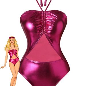 1970s Metallic Halter Neck Cutout One-Piece Swimsuit