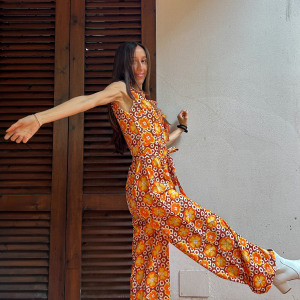 1970s V-Neck Floral Belted Sleeveless Jumpsuit