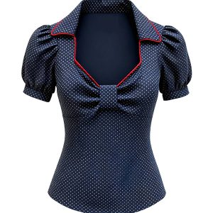 Blue 1980s Cotton Polka Dot Bow Diamond Neck Blouse