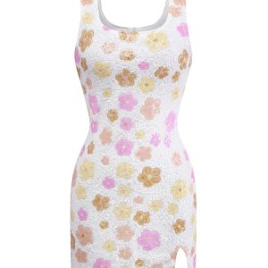 1980s Colorful Floral Sequined Slit Bodycon Dress