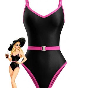 1980s Contrast Belted One-Piece Swimsuit