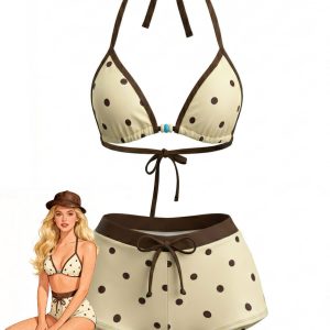 Cream Yellow 1980s Polka Dot Halter Bikini Set