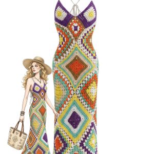 1980s Boho Irregular Print Hand Crochet Cover-Up Dress