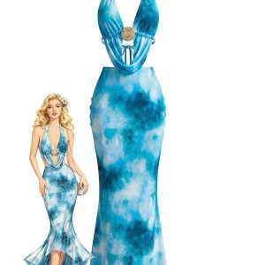 Sky Blue 1980s Tie-Dye Halter Cutout Backless Maxi Cover-Up Dress