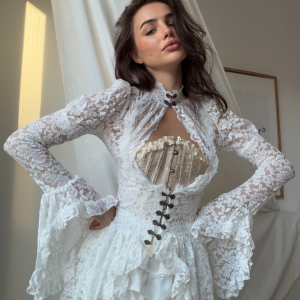 White 1980s Gigot Sleeve Victorian Lace Dress