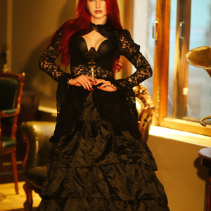 Black 1980s Gigot Sleeve Victorian Lace Dress