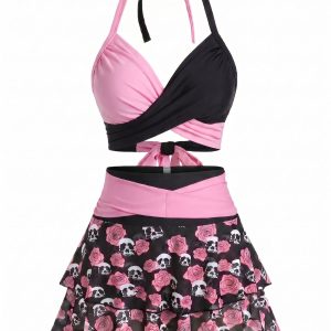 Black & Pink 1980s Gothic Skull Rose Halter Skirt Swimsuit