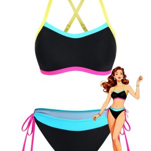 1980s Halter Colorblock Cross Back Tie-Side Bikini Set