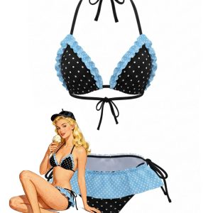1980s Halter Contrast Polka Dot Ruffle Trim Bikini Set