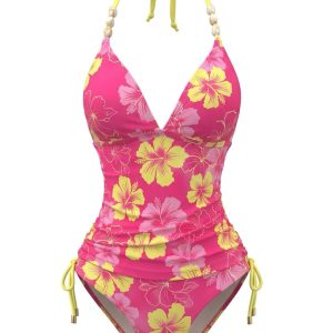 1980s Halter Floral Beaded Straps Bikini Set
