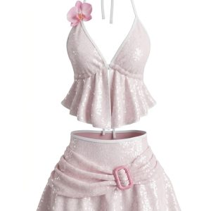 1980s Halter Sequin 3D Floral Buckle-Detail Bikini Set