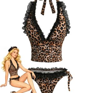 Brown 1980s Leopard Print Lace Trim Halter Tie Bikini Set