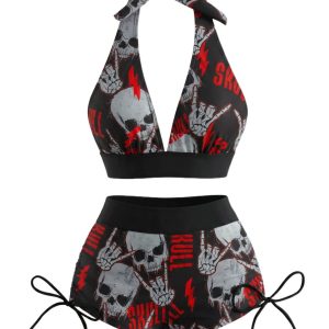1980s Punk Halter Rock Skull Bikini Set