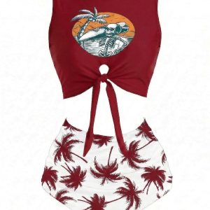 Wine Red 1980s Punk Waist Tie Skeleton Beach Print Bikini Set