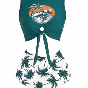 Green 1980s Punk Waist Tie Skeleton Beach Print Bikini Set