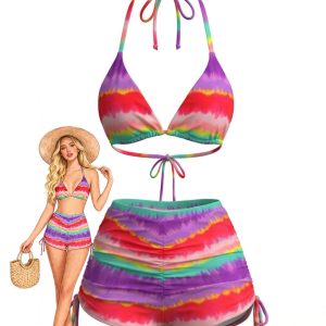 Rainbow 1980s Striped Backless Halter Bikini & High-Waist Shorts