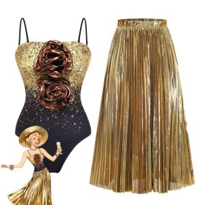 2PCS Gold 1980s Sequined 3D Floral Swimsuit & Cover-Up
