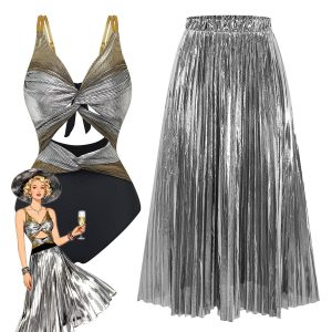 2PCS Metallic 1980s Pleated Cut-Out Swimsuit & Cover-Up