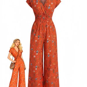 1970s Boho Floral V-Neck Cap Sleeve Wide Leg Jumpsuit